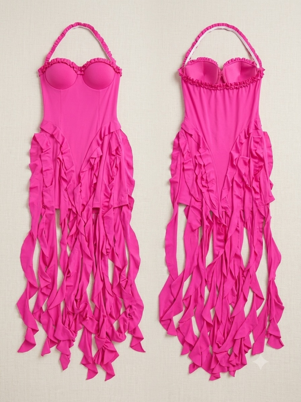 Hot Pink Halter Cascade Ruffle Fringe Mini Dress Corset Bust (Size L) - Picture 3 of 6